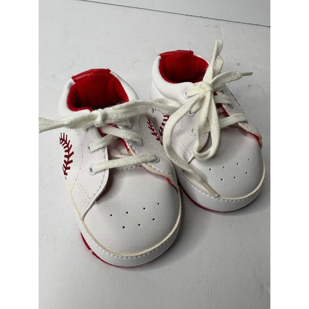 All Sport Baby Baseball Crib Shoes‎ White Red Lace Up Soft Sole Size 2